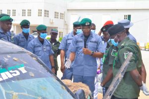 Comptroller of Customs, Kebbi State Area Command, Mr Iheanacho Ernest Ojike displaying seized Donkeys skin at the Command's headquarters Birnin Kebbi.